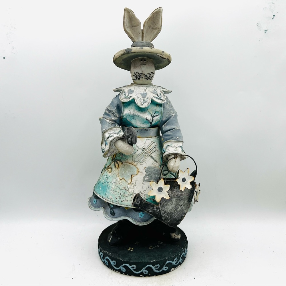 Metal Rabbit Sculpture Vintage Emrad Creations with Watering Can and Shovel